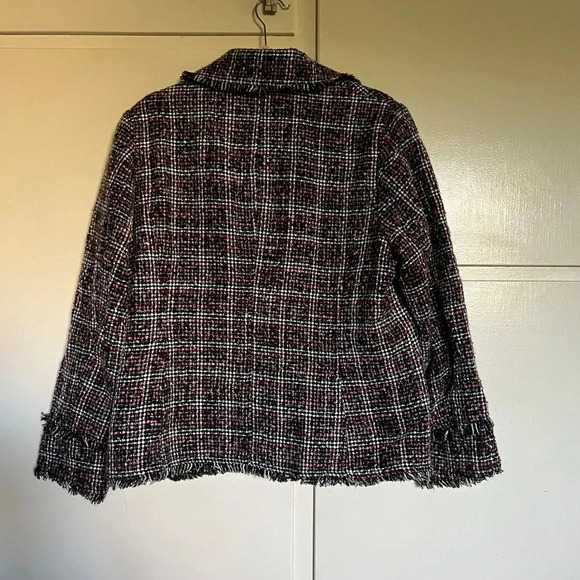 Chico"s Black Pink Plaid Tweed Fringe Blazer Size XL - Picture 6 of 9